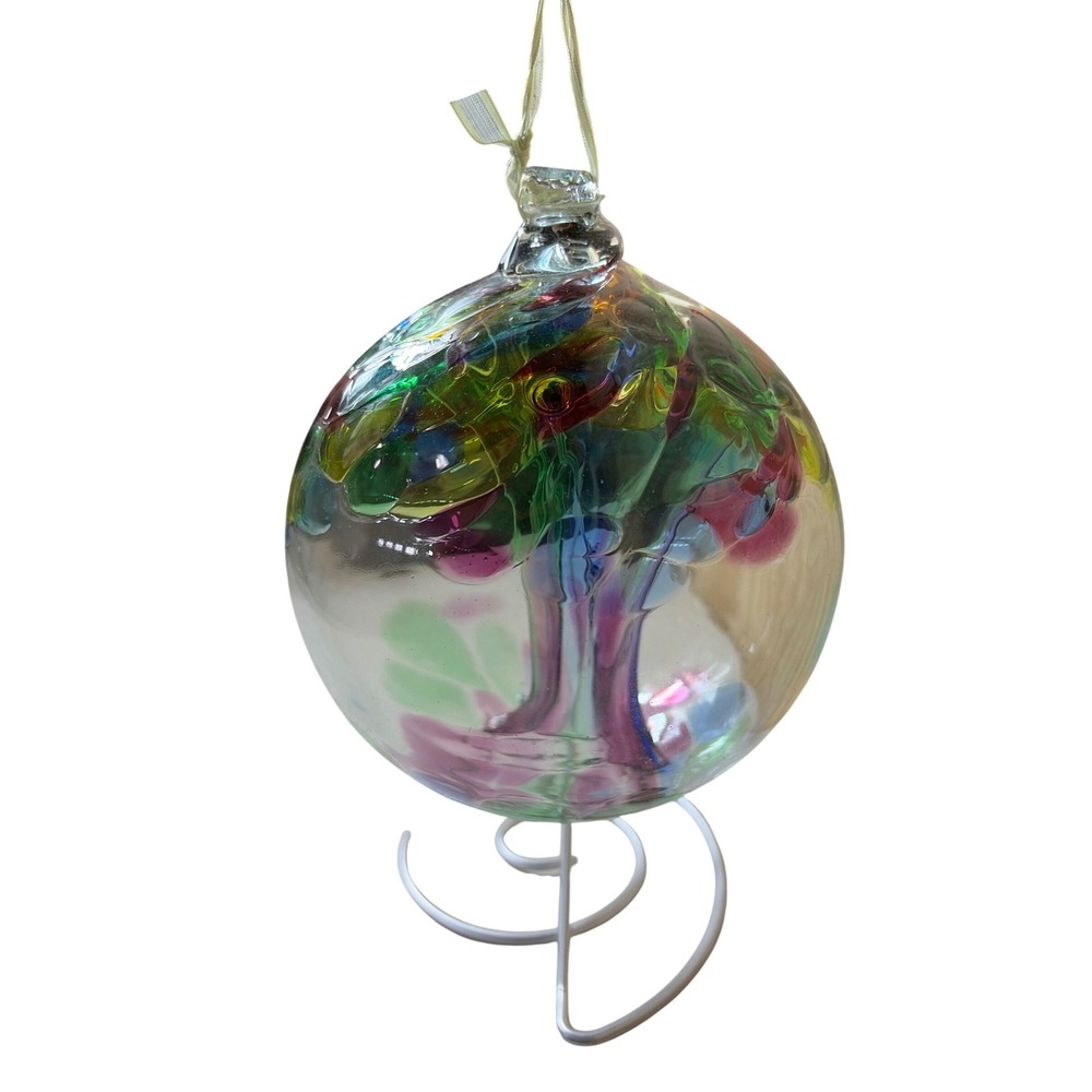 Hand Blown Glass Tree of Life Ball Ornament Suncatcher 4 inch Glass Art Rainbow